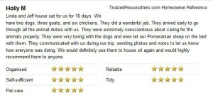 Housesitter and petsitter reference for our stay in Auburn, dogs, chickens and goats!